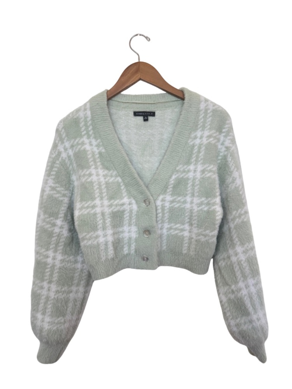 KENDALL + KYLIE Fuzzy Plaid Cropped Cardigan